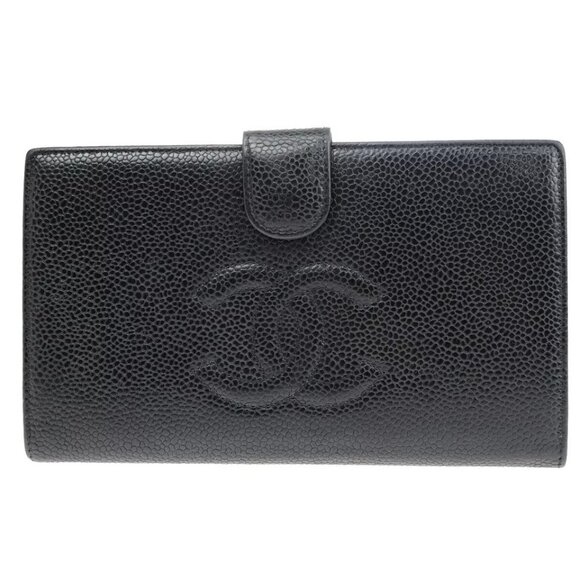 CHANEL CC Logo Long Bifold Wallet Purse Caviar Skin Leather Black France